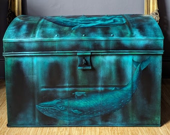 Willow and Friends ~ Large Vintage/ Antique Steamer Trunk with Hand Painted Whales and Sea Turtles