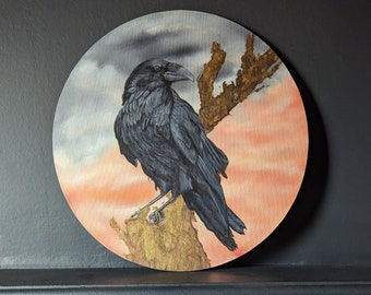 Edgar the Raven ~ Original Painting with Gold and Copper Leaf Tree