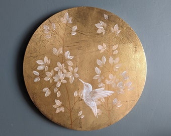 Hummingbird and Agapanthus Blossom on Aged Gold Leaf