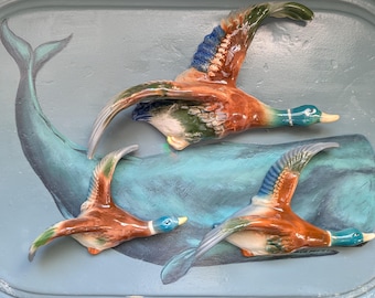 Vintage Bretby Flying Ducks Wall Decor: Ceramic Mallard Set