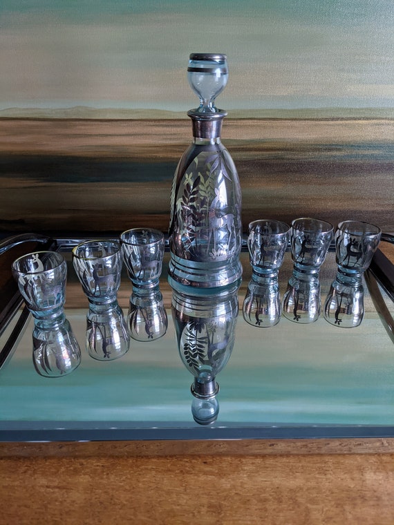Vintage Decanter and Glasses ~ Bronze Deer Design