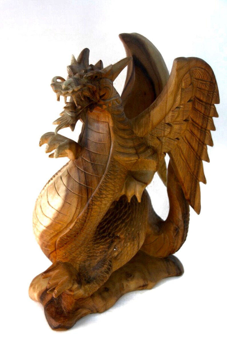 Large Hand Carved Wooden Dragon Statue Length 20 Natural Etsy
