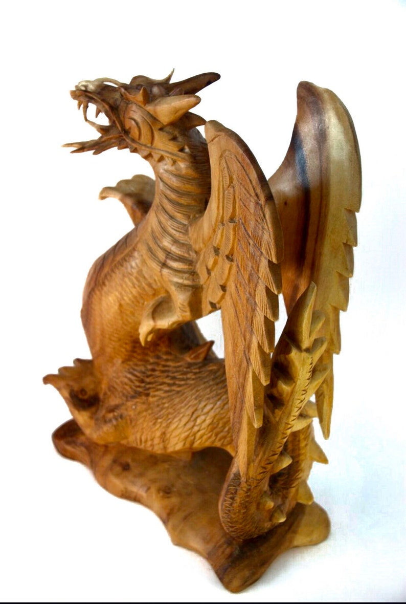 Large Hand Carved Wooden Dragon Statue Length 20 Natural Etsy