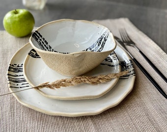 Black splash on white dinnerware set of 3 pieces, Stoneware set of dinner, breakfast/dessert plates & soup bowl, Modern ceramic art by Manya