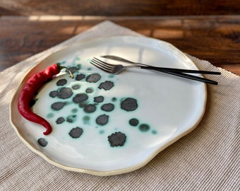 Main green spotted serving plate 12", Handmade ceramic cheese tray, Unique stoneware centerpiece Rustic dinnerware dish, Modern art by Manya