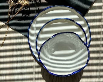 Modern white and blue rim dinnerware, Stoneware dinner side snack plates, Salad soup bowls, Serving tableware, Ceramic art by Manya