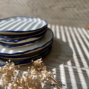 Modern white and blue rim dinnerware, Stoneware dinner side snack plates, Salad soup bowls, Serving tableware, Ceramic art by Manya image 2