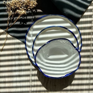 Modern white and blue rim dinnerware, Stoneware dinner side snack plates, Salad soup bowls, Serving tableware, Ceramic art by Manya image 1