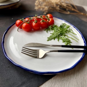 Modern white and blue rim dinnerware, Stoneware dinner side snack plates, Salad soup bowls, Serving tableware, Ceramic art by Manya image 5