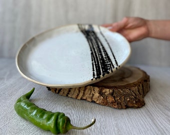 White and black splash dinner side plate 10", Stoneware handmade ceramic lunch plate, Unique shaped sculpted dinnerware, Modern art by Manya