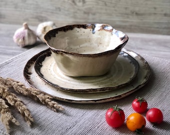 Rustic dinnerware set for 1 Person of 3 pieces. Snack, dinner plates and soup bowl. Stoneware serving pottery, Modern ceramic Art by Manya