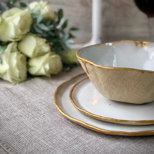 White and gold rim dinnerware set, microwave safe, Stoneware dinner side snack plates, Serving tableware Salad soup bowls Modern ceramic Art image 1