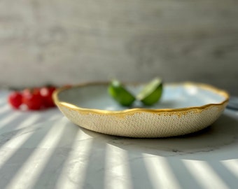 White with gold rim pasta plate, Handmade ceramic dinnerware noodles bowl,Stoneware pasta bowl, Unique shaped tableware, Modern art by Manya