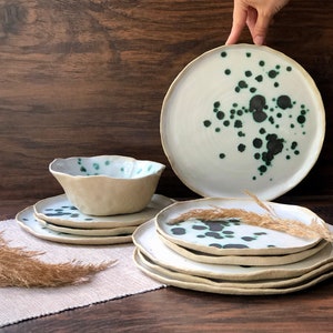 Green dinnerware sets, Stoneware dinner side snack plates, Serving pottery tableware, Salad pasta soup bowls, Modern ceramic Art by Manya
