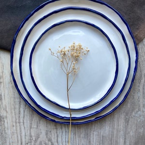 White and blue rim main/serving plate 12', Large ceramic dinnerware plate, Stoneware tableware centerpieces platter, Modern art by Manya image 10