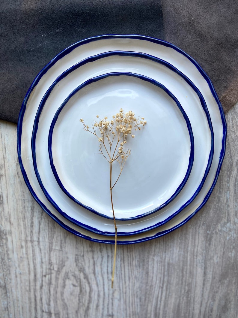 White and blue rim main/serving plate 12', Large ceramic dinnerware plate, Stoneware tableware centerpieces platter, Modern art by Manya image 10