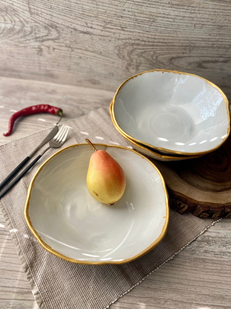 Bowl Rim Handmade Gold Rim Ceramic Salad Bowl: Modern Stoneware Serving Plate - Etsy
