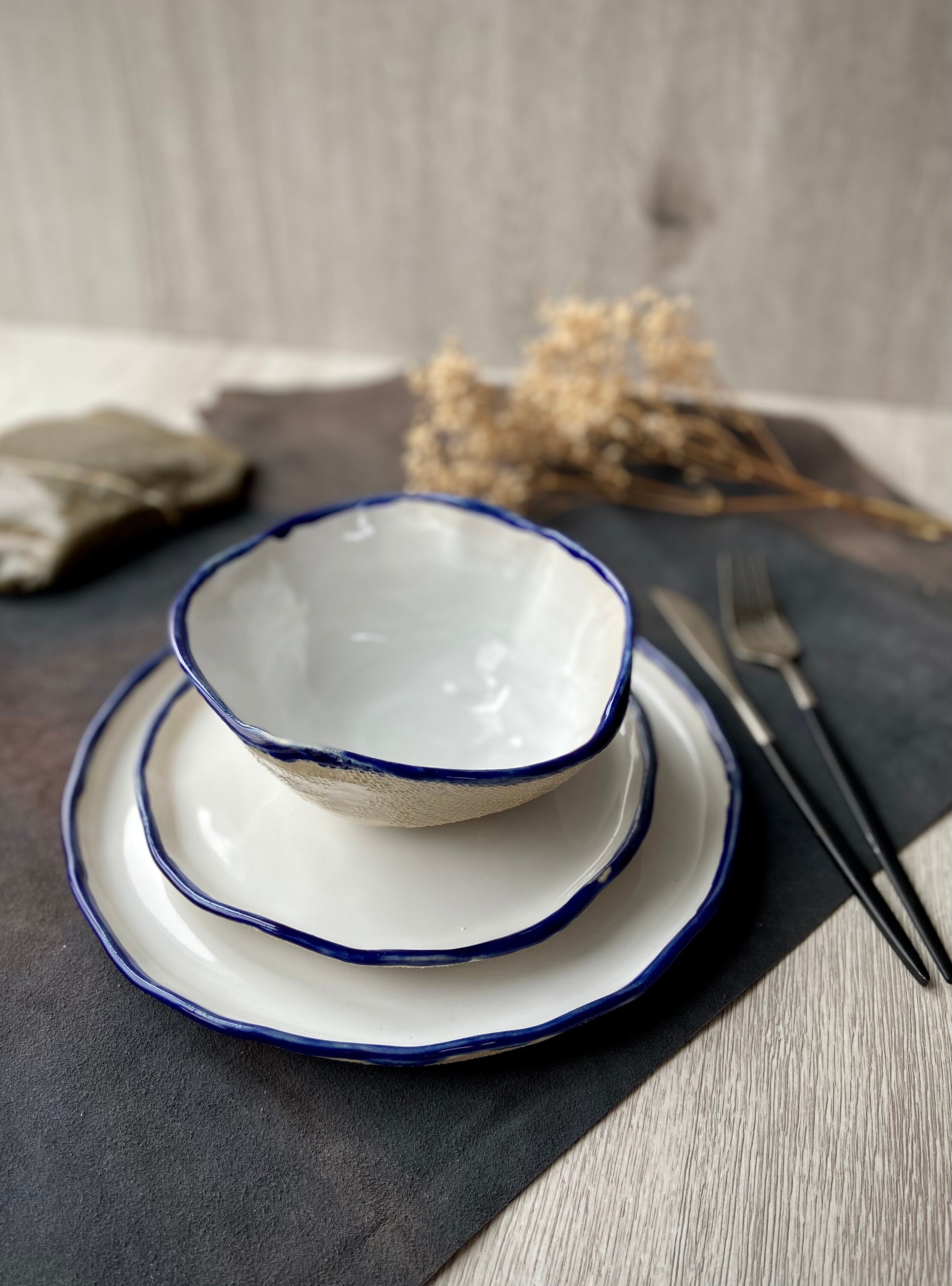 Modern White and Blue Rim Dinnerware Set for 4 12 Pieces Etsy