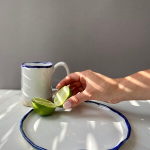 White and blue tea/coffee gift set of mug and dessert plate, Dinnerware snack plate & cup, Unique stoneware ceramic set, Modern art by Manya image 6