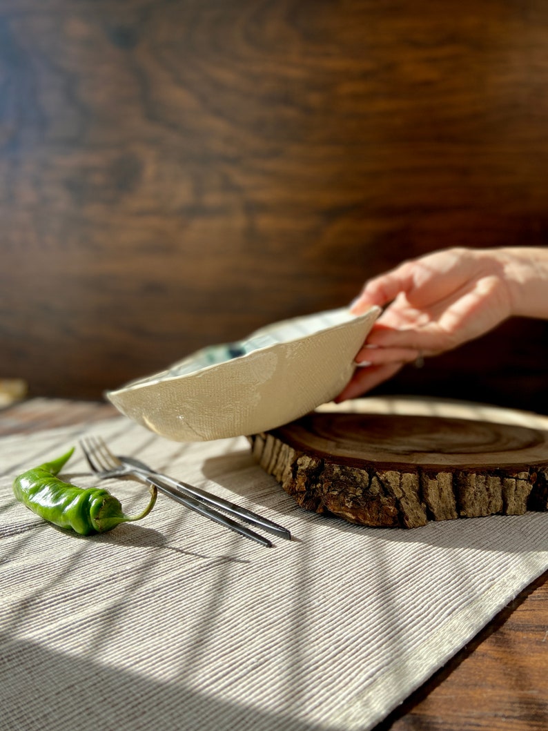Sculpted green spotted salad/serving bowl, Ceramic dinnerware service plate, Stoneware handmade bowl, Tableware set, Modern art by Manya image 10
