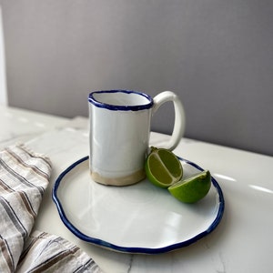 White and blue tea/coffee gift set of mug and dessert plate, Dinnerware snack plate & cup, Unique stoneware ceramic set, Modern art by Manya image 8