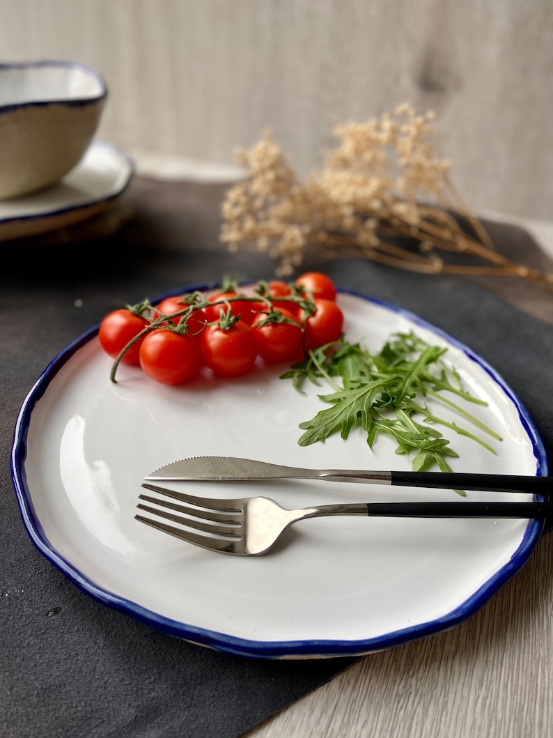 Modern white and blue rim dinnerware, Stoneware dinner side snack plates, Salad soup bowls, Serving tableware, Ceramic art by Manya image 5