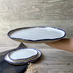 White and blue rim main/serving plate 12', Large ceramic dinnerware plate, Stoneware tableware centerpieces platter, Modern art by Manya image 9