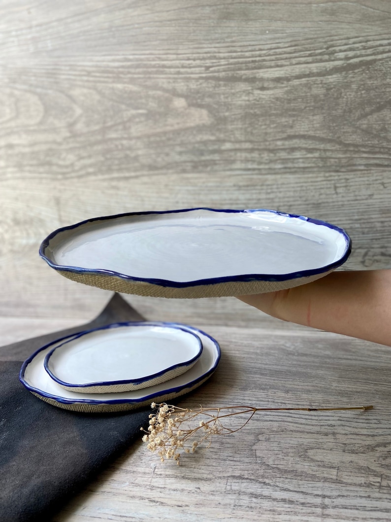 White and blue rim main/serving plate 12', Large ceramic dinnerware plate, Stoneware tableware centerpieces platter, Modern art by Manya image 9