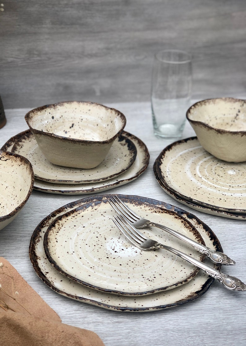Rustic dinnerware set for 1 Person of 3 pieces. Snack dinner Etsy