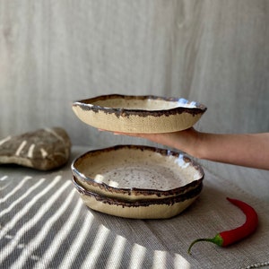 Rustic pasta bowls, Unique stoneware cereal bowl, Pottery dinnerware set, Organic sculpted ramen noodles plate, Modern ceramic Art by Manya image 5