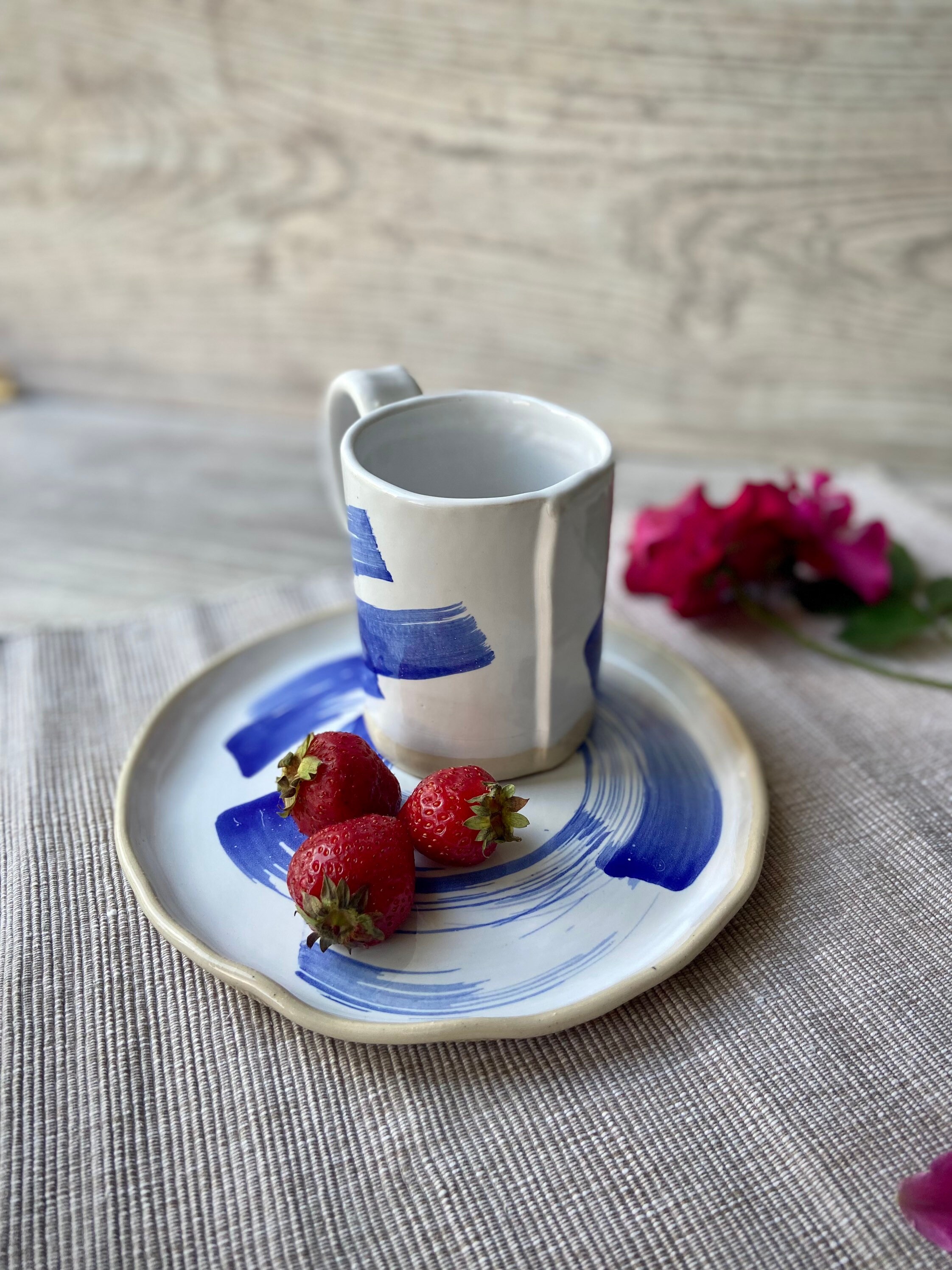 Blue Ceramic Coffee Mug Cup and Dessert Plate Modern Etsy