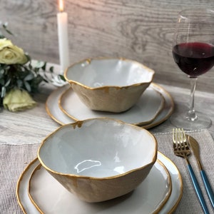 White and gold rim dinnerware set, microwave safe, Stoneware dinner side snack plates, Serving tableware Salad soup bowls Modern ceramic Art image 9