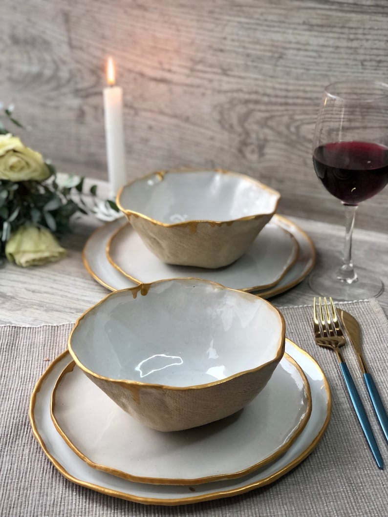 White and gold rim dinnerware set, microwave safe, Stoneware dinner side snack plates, Serving tableware Salad soup bowls Modern ceramic Art image 9