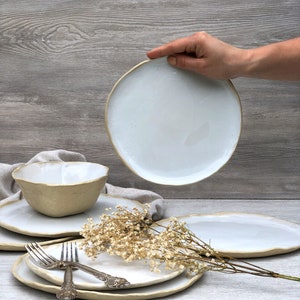 White dinnerware sets, Stoneware dinner side snack plates, Serving pottery tableware, Salad pasta soup bowls, Modern ceramic Art by Manya