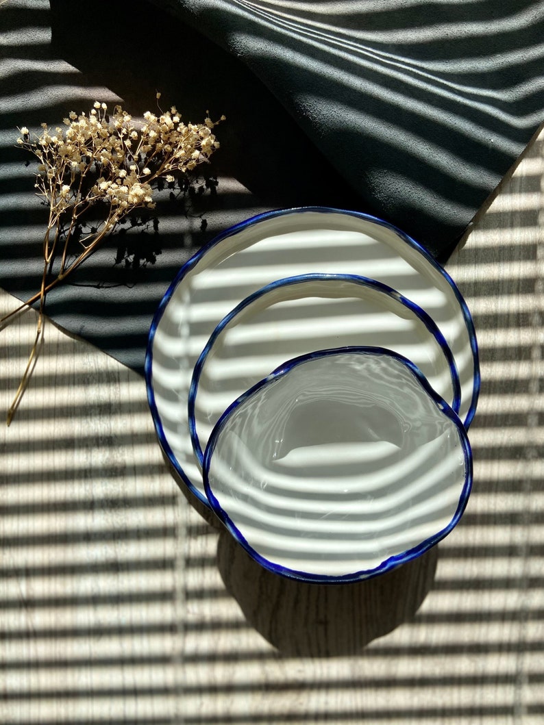 Modern white and blue rim dinnerware, Stoneware dinner side snack plates, Salad soup bowls, Serving tableware, Ceramic art by Manya image 1