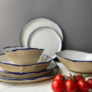 Modern white and blue rim dinnerware, Stoneware dinner side snack plates, Salad soup bowls, Serving tableware, Ceramic art by Manya image 3