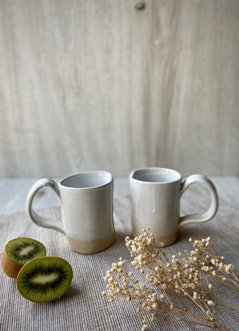 White ceramic mug, Old fashioned coffee tea cup, Big handel mug, Handmade pottery drinkware, Stoneware tea set, Unique modern art by Manya image 10