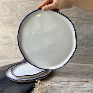 White and blue rim main/serving plate 12', Large ceramic dinnerware plate, Stoneware tableware centerpieces platter, Modern art by Manya image 2