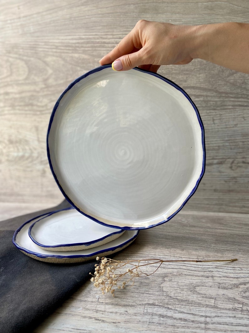 White and blue rim main/serving plate 12', Large ceramic dinnerware plate, Stoneware tableware centerpieces platter, Modern art by Manya image 2