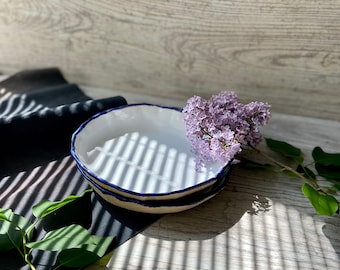Handmade Ceramic Pasta Bowl: Nautical Blue Rim Stoneware