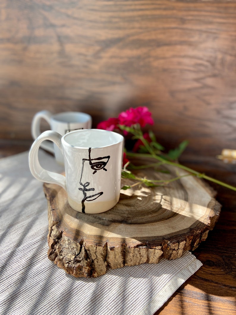 Picasso coffee/tea mug, Ceramic cup, White and blue tableware tea set, Handmade pottery drinkware, Stoneware mug, Modern art by Manya image 6