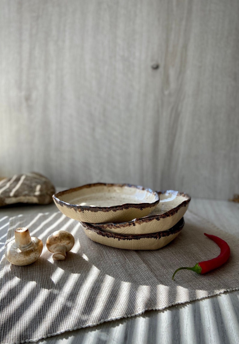 Rustic pasta bowls, Unique stoneware cereal bowl, Pottery dinnerware set, Organic sculpted ramen noodles plate, Modern ceramic Art by Manya image 1