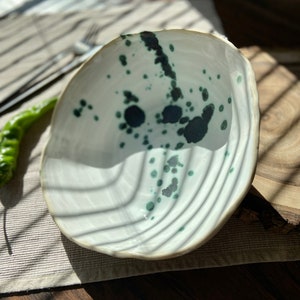 Sculpted green spotted salad/serving bowl, Ceramic dinnerware service plate, Stoneware handmade bowl, Tableware set, Modern art by Manya image 9