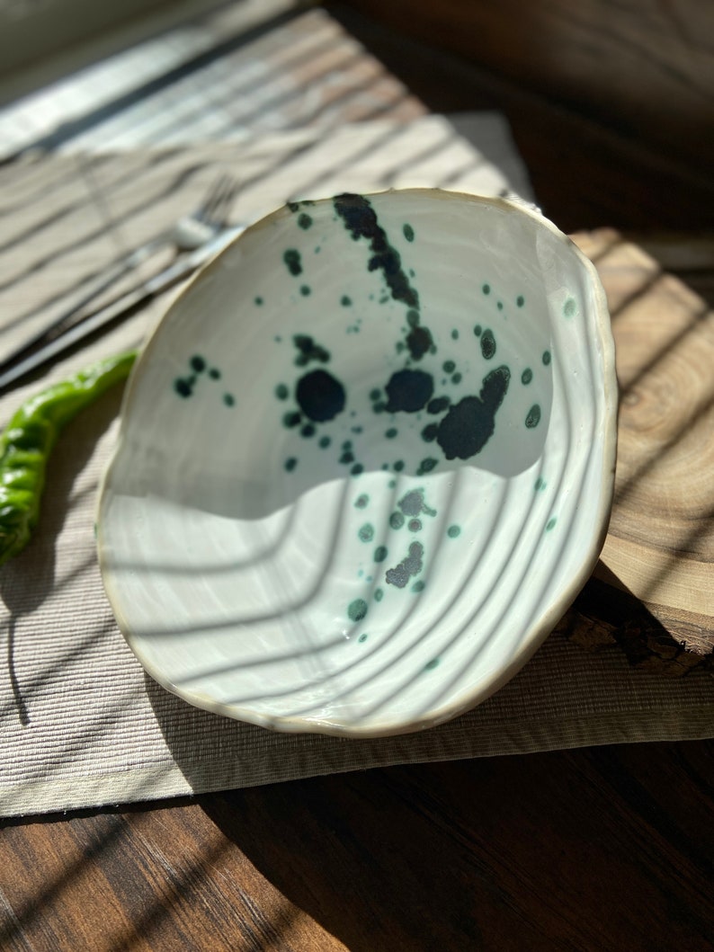 Sculpted green spotted salad/serving bowl, Ceramic dinnerware service plate, Stoneware handmade bowl, Tableware set, Modern art by Manya image 9