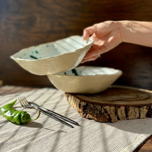 Sculpted green spotted salad/serving bowl, Ceramic dinnerware service plate, Stoneware handmade bowl, Tableware set, Modern art by Manya image 1