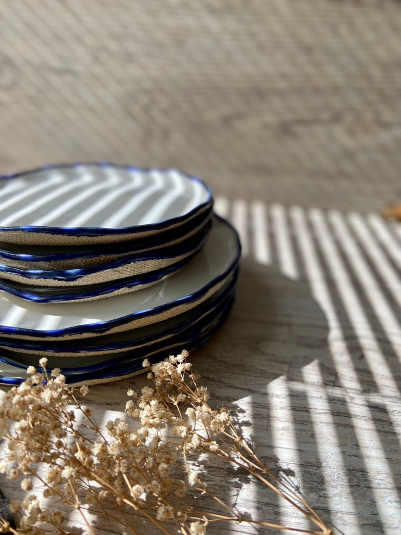 Modern white and blue rim dinnerware, Stoneware dinner side snack plates, Salad soup bowls, Serving tableware, Ceramic art by Manya image 2