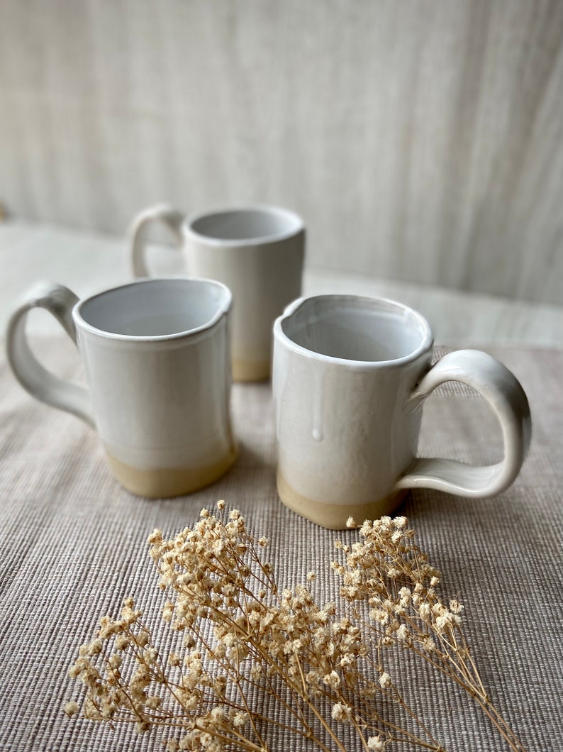White ceramic mug, Old fashioned coffee tea cup, Big handel mug, Handmade pottery drinkware, Stoneware tea set, Unique modern art by Manya image 4