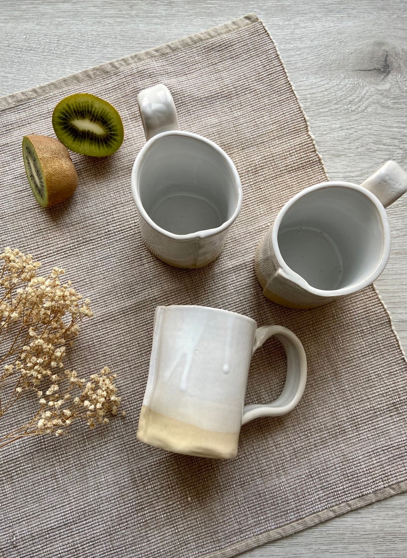 White ceramic mug, Old fashioned coffee tea cup, Big handel mug, Handmade pottery drinkware, Stoneware tea set, Unique modern art by Manya image 8