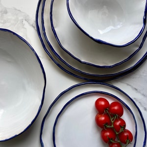 Modern white and blue rim dinnerware, Stoneware dinner side snack plates, Salad soup bowls, Serving tableware, Ceramic art by Manya image 9