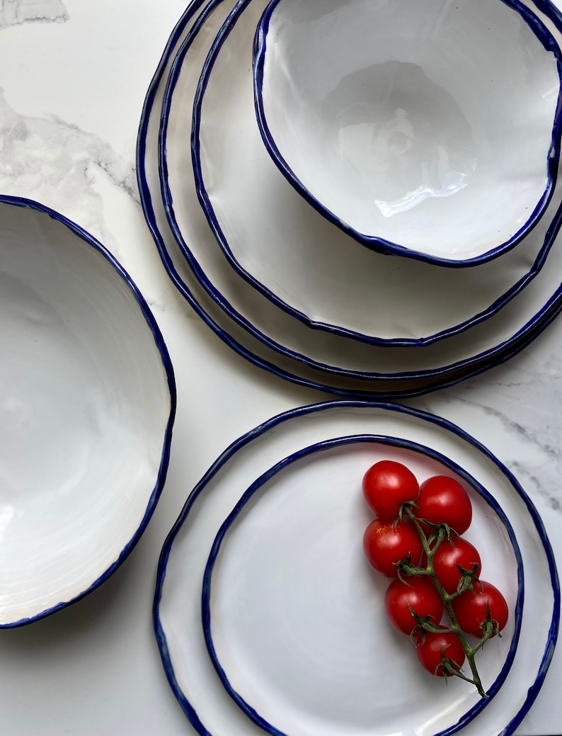 Modern white and blue rim dinnerware, Stoneware dinner side snack plates, Salad soup bowls, Serving tableware, Ceramic art by Manya image 9